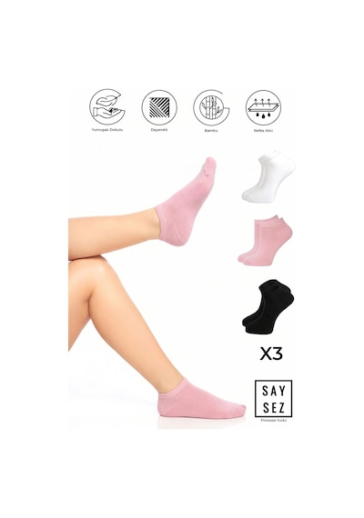 Saysez Bambu Kadın Patik Düz Siyah-beyaz-pembe Çorap Dikişsiz Premium 3'lü Paket Çok Renkli