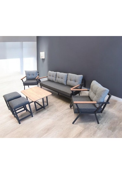Pilocca Bahçe Balkon Mobilyası Antrasit Gri 3+1+1 Sehpa 2 Pufl Antrasit - Gri