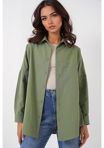 Hiccup Bdart Oversize Uzun Kollu Poplin Gömlek Haki Yeşil 13