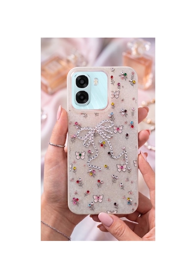 Oppo A6t - A6x Taşlı Desenli Fiyonk Silikon Kılıf Gri