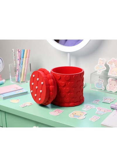 3d Baskı Kabartma Kalp Desenli Kapaklı Kalemlik - Masaüstü Organizer - Kırmızı Çok Renkli