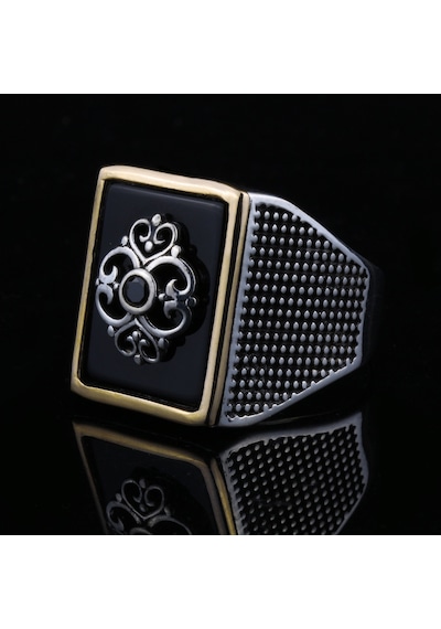 Fkgümüş 925 Ayar Gümüş Otantik Motif Detaylı Siyah Taşlı Erkek Yüzük