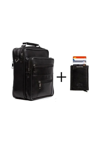 Newish Polo Erkek Hakiki Deri El Omuz Çantası Ve Mekanizmalı Cüzdan 15x19 Cm New101 - Siyah - Antrasit