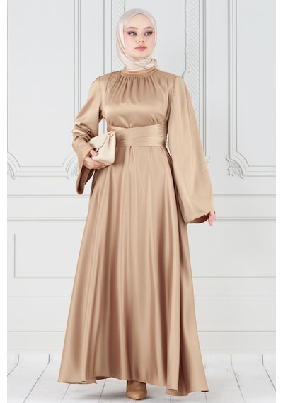 Çapraz Kuşaklı Saten Abiye Elbise-bej-3856