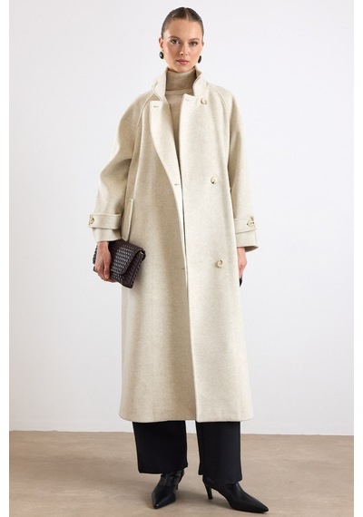 Olcay Dik Yaka Pat Detaylı Oversize Kaban Bej Melanj 3177