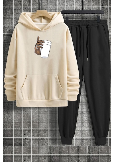 Uyguntarz Unisex Tupac Coffee Baskılı Eşofman Takımı Bej