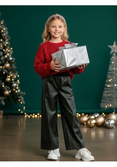 Zekids Kız Çocuk Bol Paça Deri Pantolon-16480 Siyah