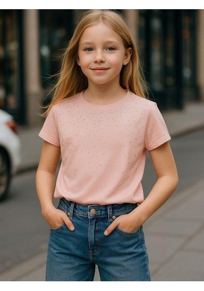 Zekids Kız Çocuk Taş İşlemeli Pamuklu T-shirt-16310 Pudra