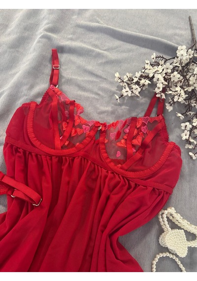 Mh Moony Homewears Gilmore Boys Kalp Detaylı Gecelik Harikaa Kırmızı