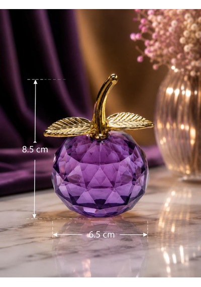 Mor Kristal Cam Elma Biblo Orta Boy 8.5 Cm Dekoratif Masa Üstü Obje Gold Yapraklı