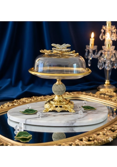 Çnr Home Collection Kelebek Detaylı Elmas Kesim Gold Metal Ayaklı Sunumluk-tereyaglık-peynirlik-kahvaltılık Gold