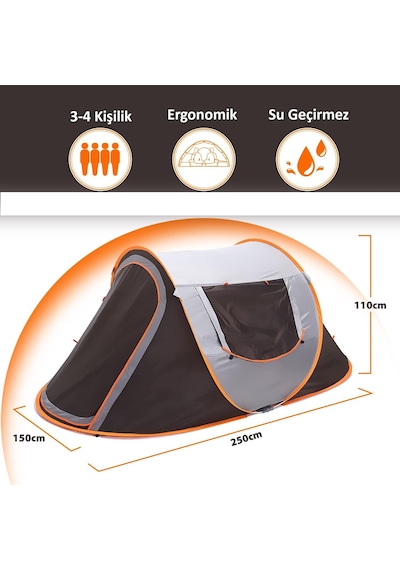 Valkyrie 3-4 Kişilik Hızlı Kurulum Otomatik Kamp Çadırı Sineklikli Çift Pencereli Su Geçirmez 240x150x110cm 4 Mevsim Beyaz