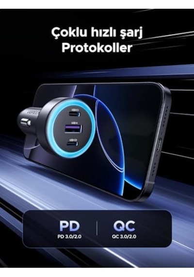 30w 3 Portlu Araç İçi Şarj Cihazı Çakmaklık Adaptörü, 45843