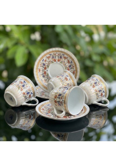 Alfafe Home 6 Kişilik Çini Desenli Altın Yaldızlı Porselen Çay Ve Kahve Fincanı Klasik Lüks Fincan Altın
