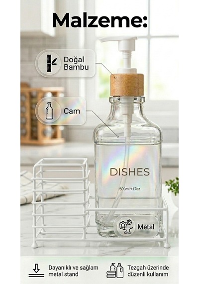 Metal Stantlı Bambu Kapaklı Cam Sıvı Sabunluk/deterjanlık, 500 Ml, 15 8,5 23 Cm Beyaz - Şeffaf
