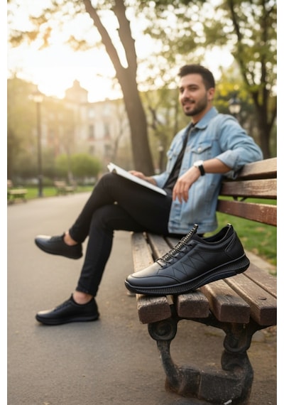 Enoch Hakiki Deri Lacivert Zikzak Dikişli Erkek Sneaker Ayakkabı Ortopedik Taban Lacivert