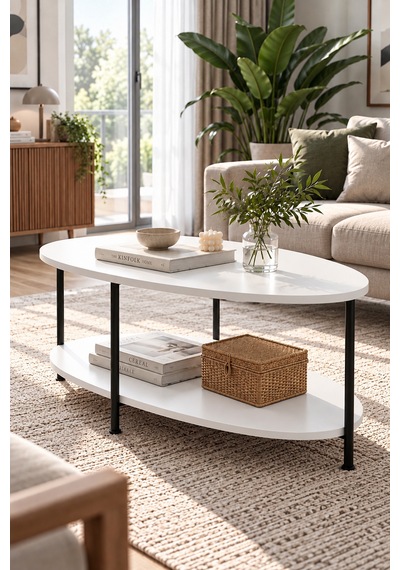 Oval Orta Sehpa 90 Cm İki Katlı Raflı Metal Ayaklı Modern Dekoratif Salon Sehpası Beyaz