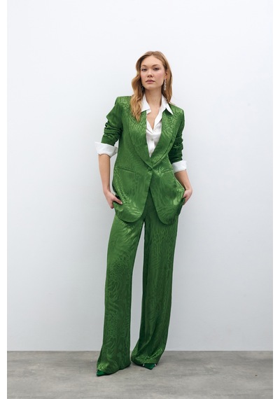 Sateen Desenli Saten Pantolon - Yeşil-134958 Yeşil