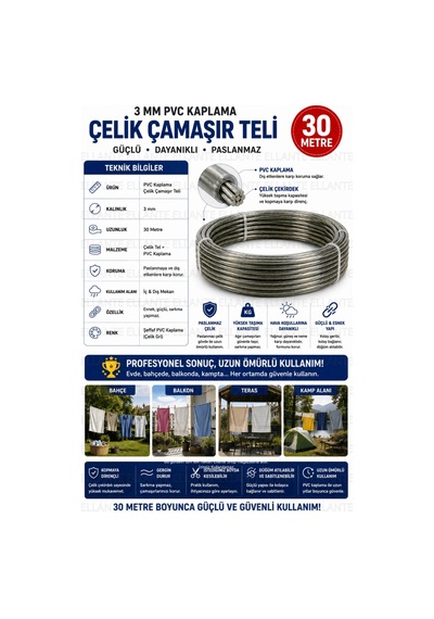 3 Mm Pvc Kaplama Çelik Çamaşır Teli 30 Metre Paslanmaz Güçlü Çamaşır Asma Teli İç Ve Dış Mekan Kulla Çok Renkli