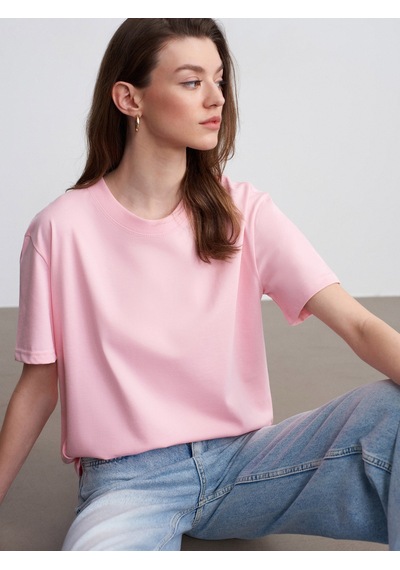 Dilvin 30312 Pamuk Dekoratif Dikişli Bisiklet Yaka T-shirt-toz Pembe 36