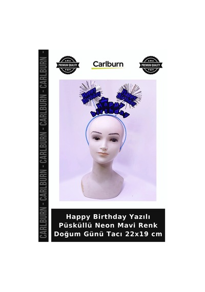 Happy Birthday Yazılı Püsküllü Neon Mavi Renk Doğum Günü Tacı 22x19 Cm Parti Detayı Kutlama Süsü +3