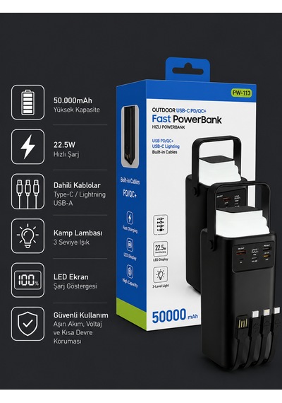 50000mah 22.5w Hızlı Şarj Powerbank Kamp Lambalı Led Işıklı Dahili Kablolu Usb Type-c Girişli siyah