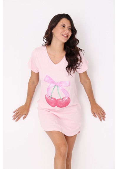 Yasar Underwear Kiraz Baskılı %100 Pamuk Gecelik Pembe Pembe