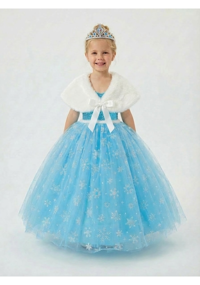 Butikhappykids Frozen Elsa Kostümü Askılı Kız Çocuk Bolero'lu Prenses Elbisesi Taç Asa Eldiven Saç Hediyeli Mavi