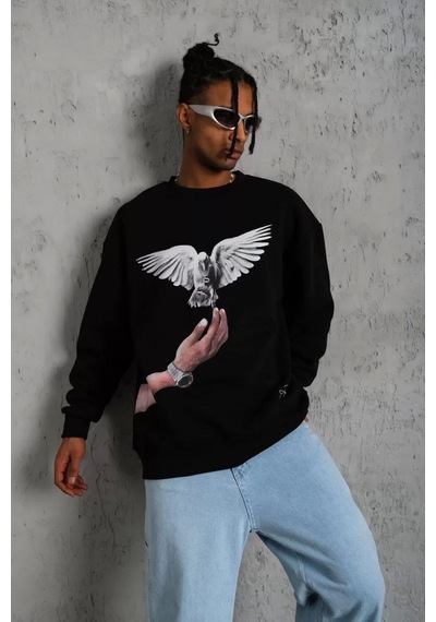 Erkek Güvercin Baskılı Sweatshirt - Siyah