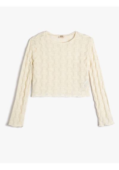 Koton Crop Sweatshirt Dokulu Uzun Kollu Bisiklet Yaka Ekru 4wkg10679ak Ekru