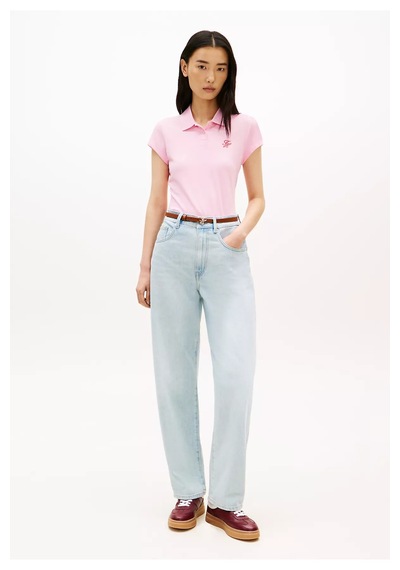 Kadın Slim Fit Göğsünde Logo İşlemeli Pamuklu Kısa Kollu Pembe Polo Yaka T-shirt Pembe