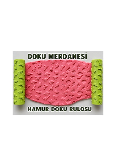 Dinozor Desenli Doku Merdanesi 2'li Set 10x2,8 Cm Kurabiye Hamur Baskı Merdanesi Pasta Dekorasyon Rulosu Diğer