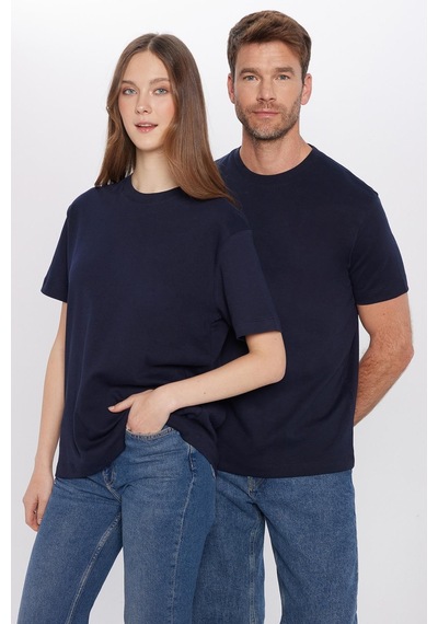 Tudors Unisex Relax Fit Rahat Kesim %100 Pamuk Yumuşak Dokulu Basic Bisiklet Yaka Lacivert Tişört-30849 Lacivert