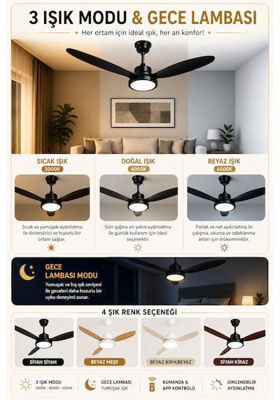 132 Cm Akıllı Tavan Vantilatörü Kumandalı & App Kontrollü 6 Kademeli Sessiz Led Tavan Fanı 3 Işık Modlu Yaz/kış Modu