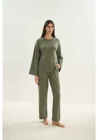 Sevim Kadın Uzun Kol Haki Viskon Pijama Takım C7t8n9o51 001