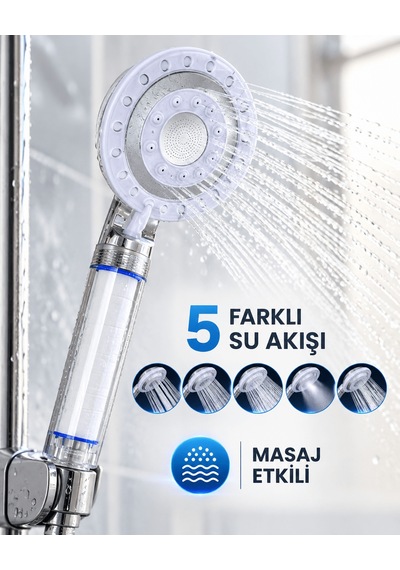 Masaj Etkili Filtreli Duş Başlığı 5 Fonksiyonlu Yağmur Sis Geniş Karışık Su Akışı Renkli