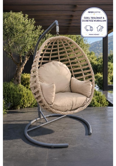 Niron Royal Rattan Bahçe Salıncağı Cappucino - Minderli Modern Salıncak Capuccino