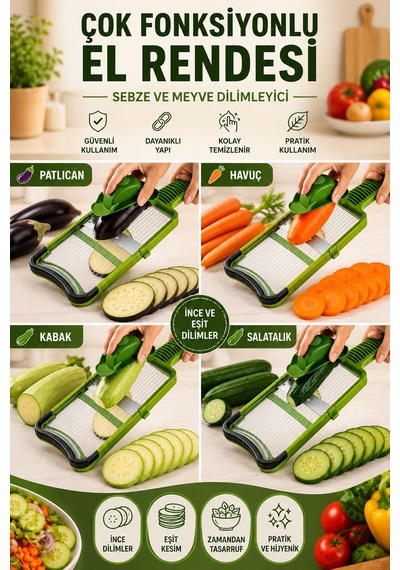 Flat Ayarlanabilir Mandolin Dilimleyici 3 Kademeli Rende Tutma Aparatlı Sebze Meyve Dilimleyici Gri - Yeşil