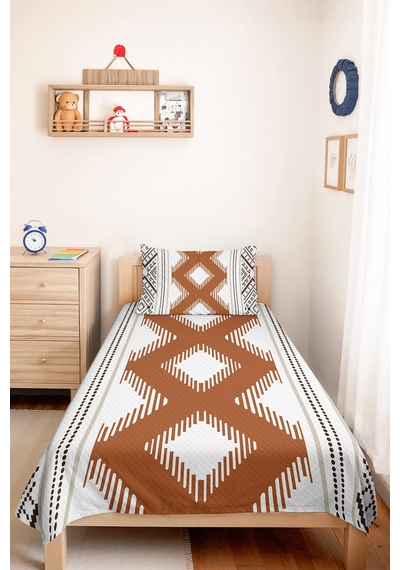 Bohem Geometrik Kahverengi Genç Odası Tek Kişilik Pike Takımı-etnik 160x220 Cm Kapitone Yatak Örtüsü Kumlu Sepet Ufku