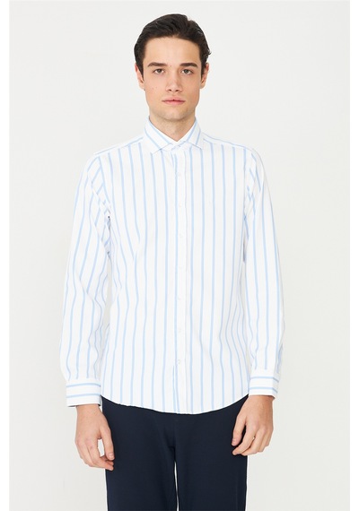 Mavi Çizgili Uzun Kollu Gömlek Slim Fit Beyaz-mavi