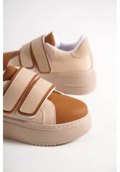 Mevese Vera Çift Cırtlı Kadın Günlük Sneaker Kalın Taban Rahat Ayakkabı - Taba Ten