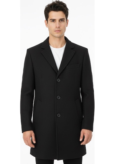 Süvari Slim Fit Sivri Yaka Erkek Koyun Yünlü Kaban Siyah