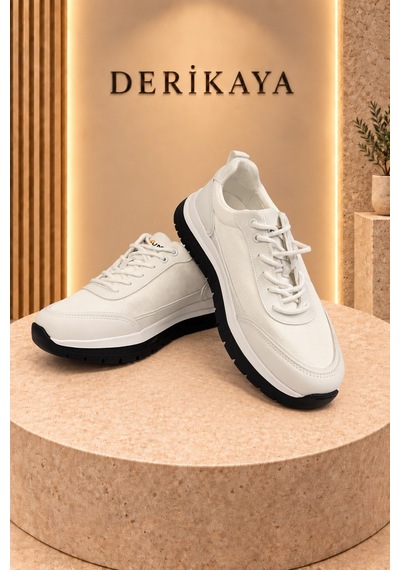 Deri Kaya Erkek Premium Kalın Taban Bağcıklı Günlük Sneaker Spor Ayakkabı Beyaz