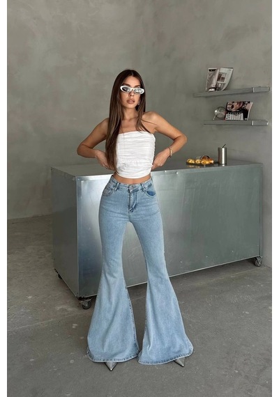 Extra Geniş Paça Yüksek Bel Likralı İspanyol Jeans Buz Mavi