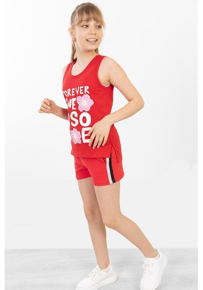 Brz Kids Baskılı Yırtmaçlı Kız Çocuk Sıfır Kol T-shirt-kırmızı Kırmızı