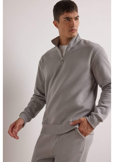 Defacto Regular Fit Dik Yaka Yarım Fermuarlı İçi Yumuşak Tüylü Basic Düz Sweatshirt X7405az25augr198 Gri
