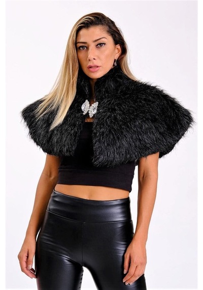 Veraura Lifestyle Siyah Broşlu Kürk Etol Bolero