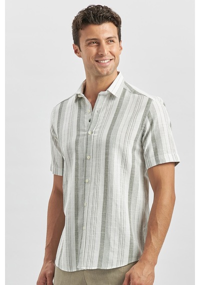 İmza Koyu Haki Kısa Kollu Çizgili Armürlü Pamuklu Casual Slim Fit Dar Kesim Gömlek 1004240243 Koyu Haki