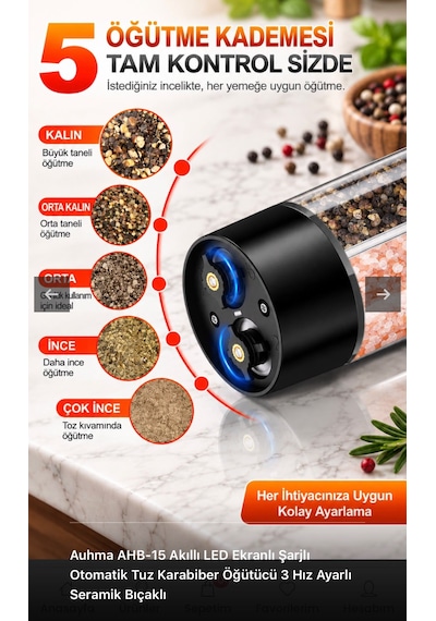 Filizshop Auhma Ahb-15 Akıllı Led Ekranlı Şarjlı Otomatik Tuz Karabiber Öğütücü 3 Hız Ayarlı Seramik Bıçaklı Gümüş - Siyah Filizshop Auhma Ahb-15 Akıllı Led Ekranlı Şarjlı Otomatik Tuz Karabiber Öğütücü 3 Hız Ayarlı Seramik Bıçaklı Gümüş - Siyah