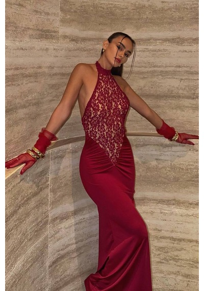 Poliana Dantel Gece Elbisesi - Bordo Bordo